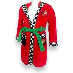 Disney Store Lightning McQueen Robe 2T- 3T Red Checkered Hooded Bathrobe Toddler